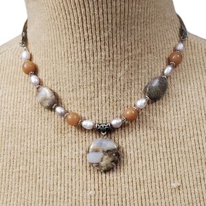 Vtg. Bohemian Natural Stones Pendant Necklace